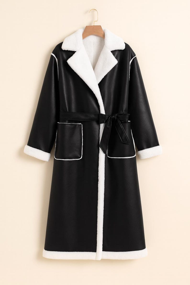 May include: A long black coat with a white faux fur collar, cuffs, and lining. The coat has a matching black belt and white trim around the pockets and edges. The coat is hanging on a wooden hanger.