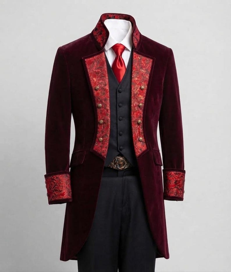 Puede incluir: Una levita de terciopelo color burdeos intenso con cuello alto, mangas largas con pu&ntilde;os de estampado rojo y solapas a juego con botones dorados. Debajo lleva un chaleco negro, una camisa blanca de cuello y una corbata roja.