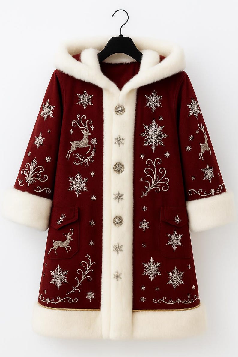 May include: A deep red hooded coat featuring white faux fur trim on the hood, cuffs, and hem. The coat is decorated with silver embroidered snowflakes, reindeer, and swirling patterns, and it fastens with five round, textured silver buttons.