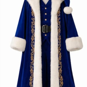 May include: A royal blue velvet coat featuring thick white faux fur trim on the collar, cuffs, and hem, accented with intricate gold embroidery. The set includes a matching blue vest with gold buttons, a black belt, and a blue hat with white fur.