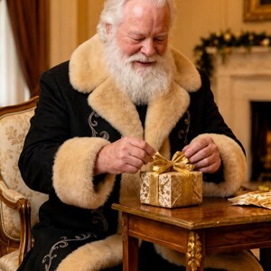 May include: A person with a white beard and hair wearing a black coat with a thick cream-colored fur collar and cuffs, featuring silver embroidery. The person is tying a gold ribbon around a small, square gift box wrapped in gold patterned paper.