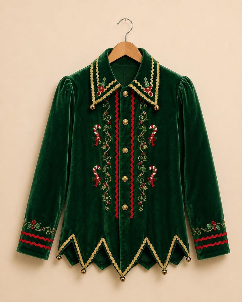 May include: A dark green velvet long-sleeve shirt featuring a pointed collar and hem with gold trim and small bells. The front is decorated with embroidered candy canes, holly leaves, and red berries, finished with gold buttons and red rickrack.