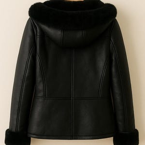May include: Black faux leather jacket with a hood and faux fur trim. The jacket features a tailored fit with a panel design on the back and cuffs. The hood and cuffs are lined with black faux fur. The jacket is hanging on a wooden hanger.