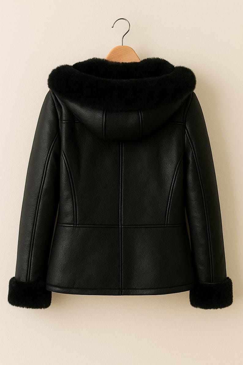 May include: Black faux leather jacket with a hood and faux fur trim. The jacket features a tailored fit with a panel design on the back and cuffs. The hood and cuffs are lined with black faux fur. The jacket is hanging on a wooden hanger.