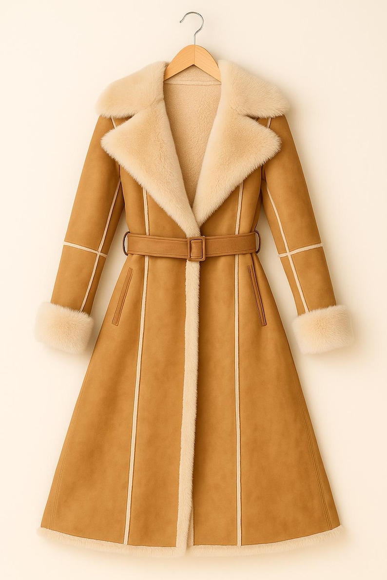 May include: A tan faux suede coat with a cream-coloured faux fur collar, cuffs, and lining. The coat features a matching belt, vertical cream-coloured trim, and is hanging on a wooden hanger. This long coat is a stylish outerwear option.