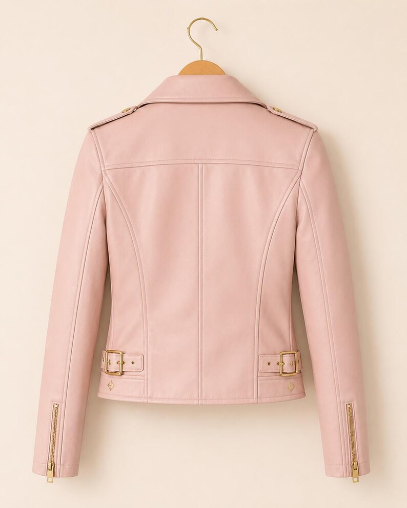 May include: A pale pink leather jacket in a classic biker style. It has a notched collar, shoulder epaulettes, and gold-tone hardware on the zips and buckles. The jacket is hanging on a wooden hanger.
