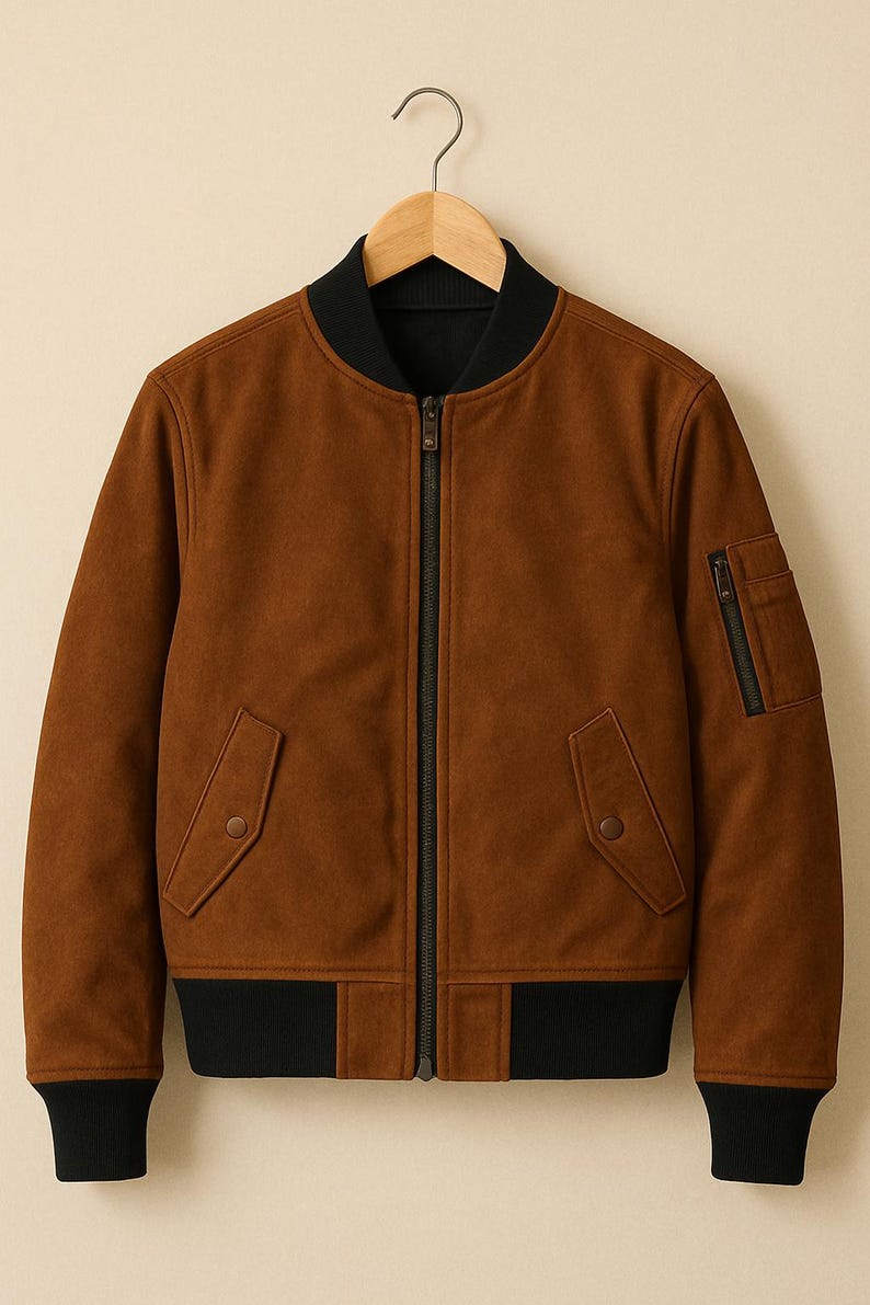 May include: A brown bomber jacket with a black collar, cuffs, and hem. The jacket has a front zipper, two front pockets with button closures, and a zippered pocket on the left sleeve. The jacket is hanging on a wooden hanger.
