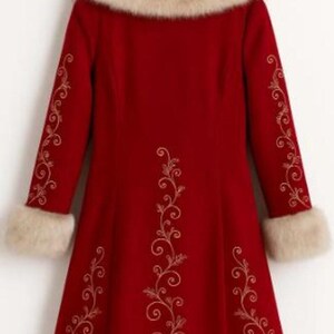 May include: A long-sleeved red coat featuring a beige faux fur collar, cuffs, and hem. The coat is decorated with gold-colored swirling vine embroidery patterns along the sleeves and down the center and sides of the back panel.