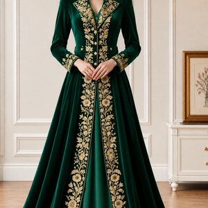 May include: A floor-length dark green velvet coat dress featuring long sleeves, a structured collar, and intricate gold floral embroidery running down the front panels and cuffs. The garment has a fitted bodice and a full, flowing skirt.