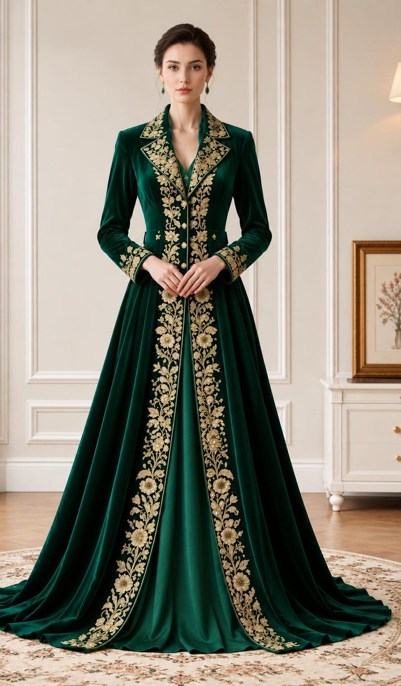 May include: A floor-length dark green velvet coat dress featuring long sleeves, a structured collar, and intricate gold floral embroidery running down the front panels and cuffs. The garment has a fitted bodice and a full, flowing skirt.