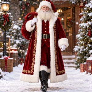 May include: Santa Claus wearing a long, deep red velvet coat with white faux fur trim and gold embroidery, a matching vest, black belt with a gold buckle, black boots, and white gloves, carrying a large red velvet sack over one shoulder.
