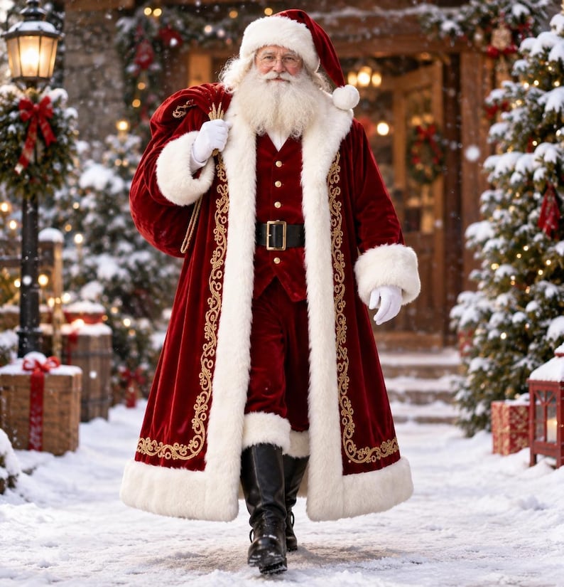 May include: Santa Claus wearing a long, deep red velvet coat with white faux fur trim and gold embroidery, a matching vest, black belt with a gold buckle, black boots, and white gloves, carrying a large red velvet sack over one shoulder.