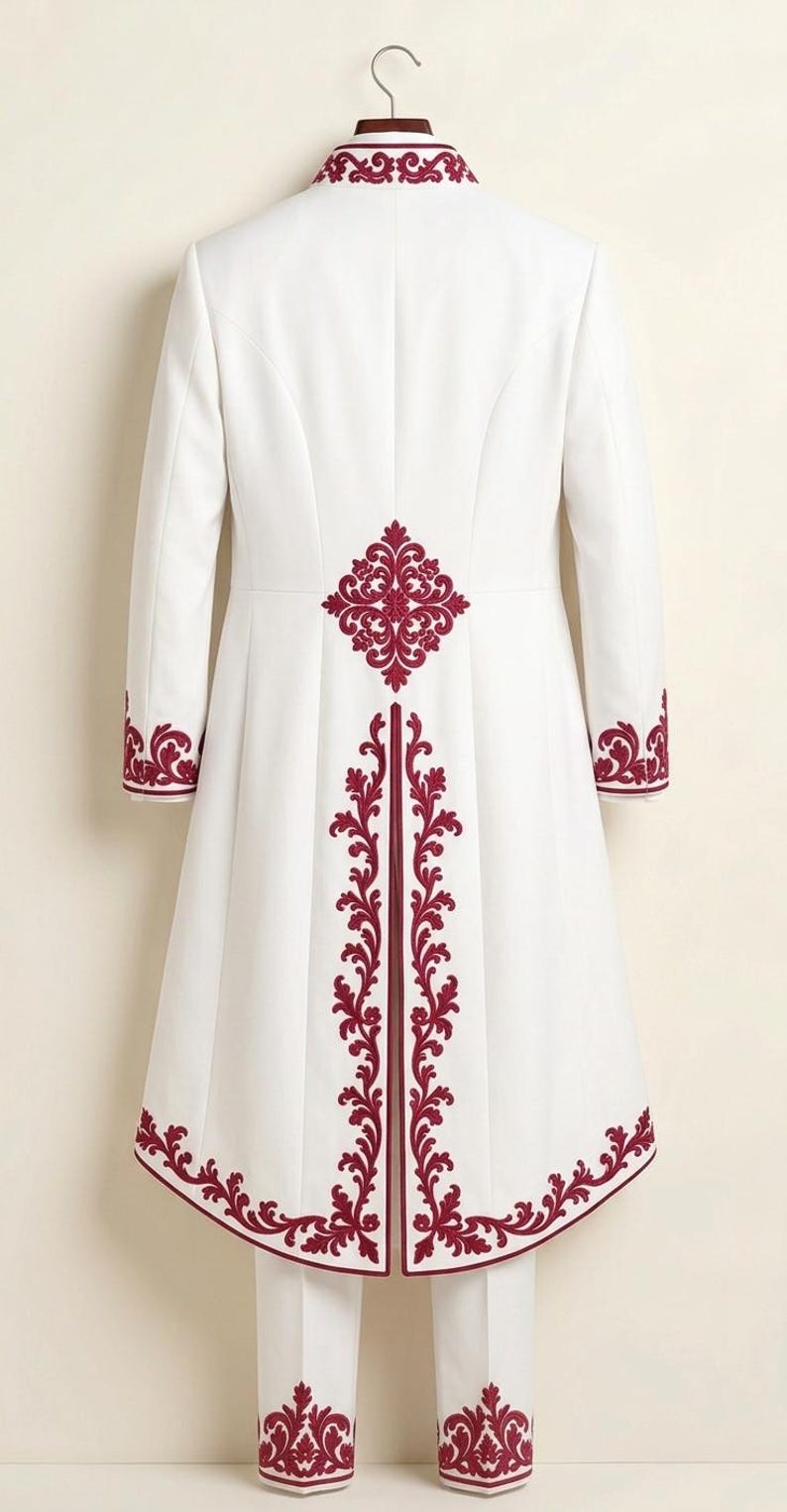 May include: A white long-length coat and matching trousers featuring deep red embroidery. The coat has a high collar, long sleeves, and a central back vent, all accented with intricate red floral patterns along the edges and hemline.