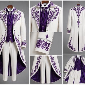 May include: A white tailcoat suit featuring intricate purple floral embroidery on the lapels, cuffs, and back. The set includes a matching purple vest with a cravat, white trousers, and a deep purple lining throughout the jacket and tailcoat.
