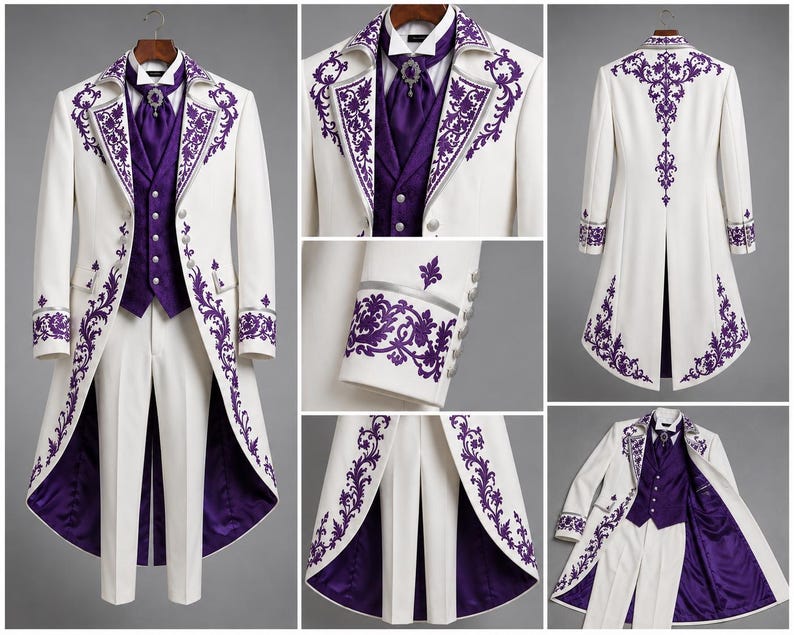 May include: A white tailcoat suit featuring intricate purple floral embroidery on the lapels, cuffs, and back. The set includes a matching purple vest with a cravat, white trousers, and a deep purple lining throughout the jacket and tailcoat.