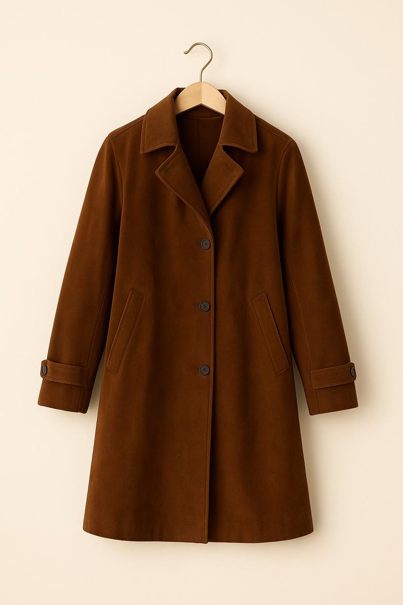 May include: A brown, knee-length coat with a classic design. The coat features a notched collar, three buttons down the front, and two front pockets. The sleeves have buttoned cuffs. The coat is hanging on a wooden hanger.