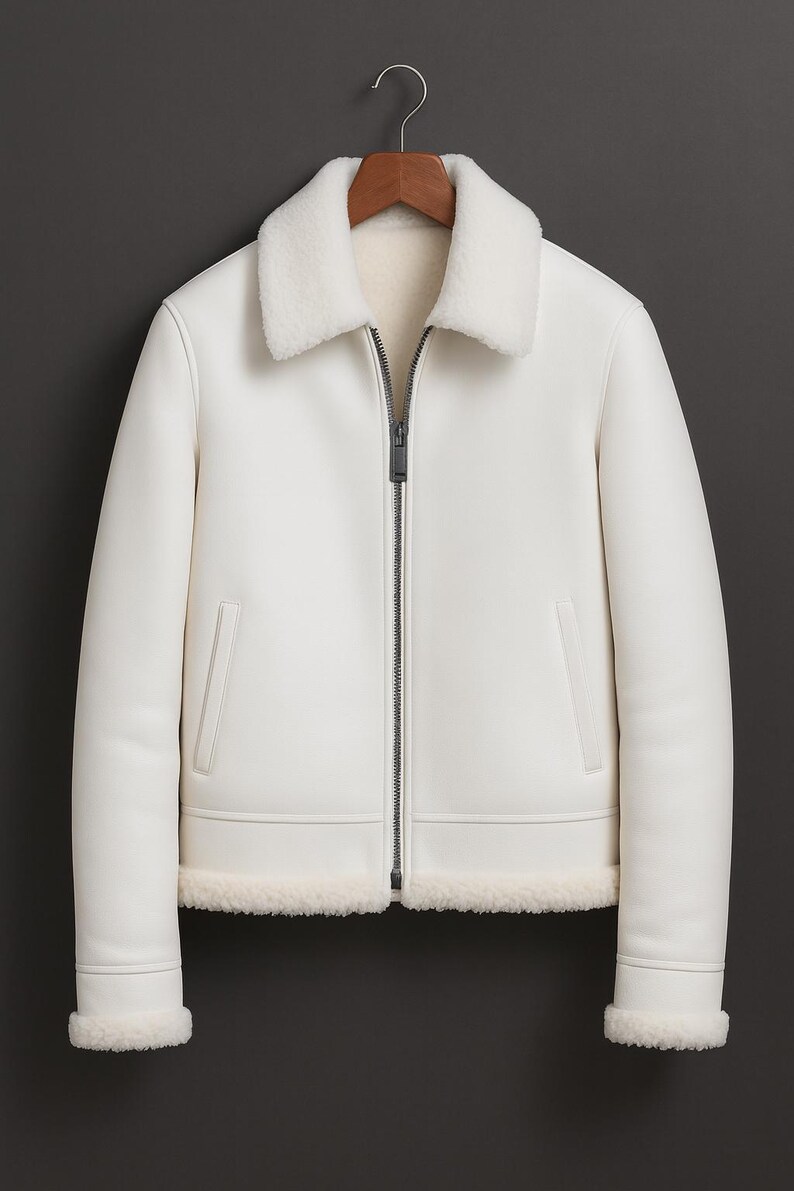 May include: A white leather jacket with a shearling collar, cuffs, and interior lining. The jacket has a full-length zipper, two front pockets, and is hanging on a wooden hanger against a dark gray background. A classic outerwear piece.