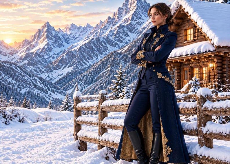Pode incluir: Um casaco comprido azul-escuro com bordados dourados intrincados nos punhos e na bainha, usado sobre cal&ccedil;as azul-escuras a condizer e botas pretas at&eacute; ao joelho. O casaco tem uma gola alta e um design comprido e aberto &agrave; frente.