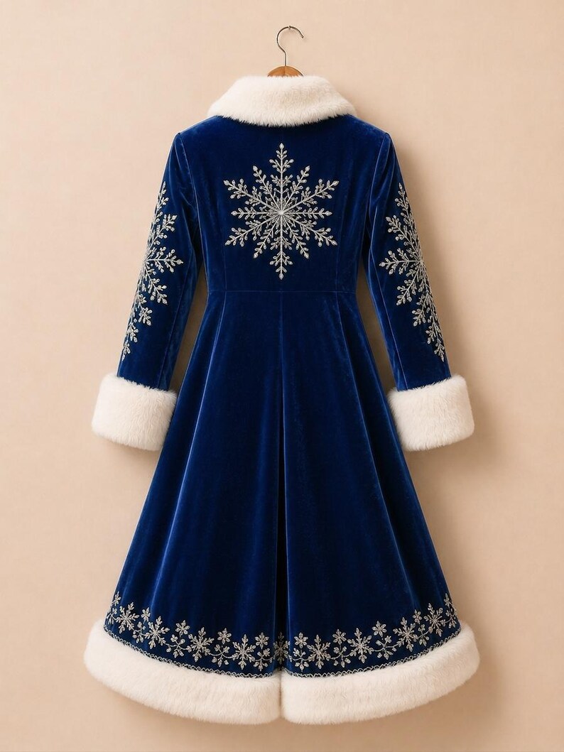 Op de afbeelding: Een koningsblauwe fluwelen jas met lange mouwen, voorzien van een witte kraag en manchetten van imitatiebont. De jas is versierd met zilverkleurige geborduurde sneeuwvlokpatronen op de rug, mouwen en zoom, en heeft een brede rand van imitatiebont.