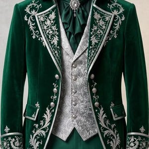 Puede incluir: Una chaqueta de terciopelo verde oscuro con bordados florales plateados en las solapas y pu&ntilde;os, combinada con un chaleco gris claro con estampado de cachemira, un corbat&oacute;n verde oscuro y un broche central plateado con piedra.