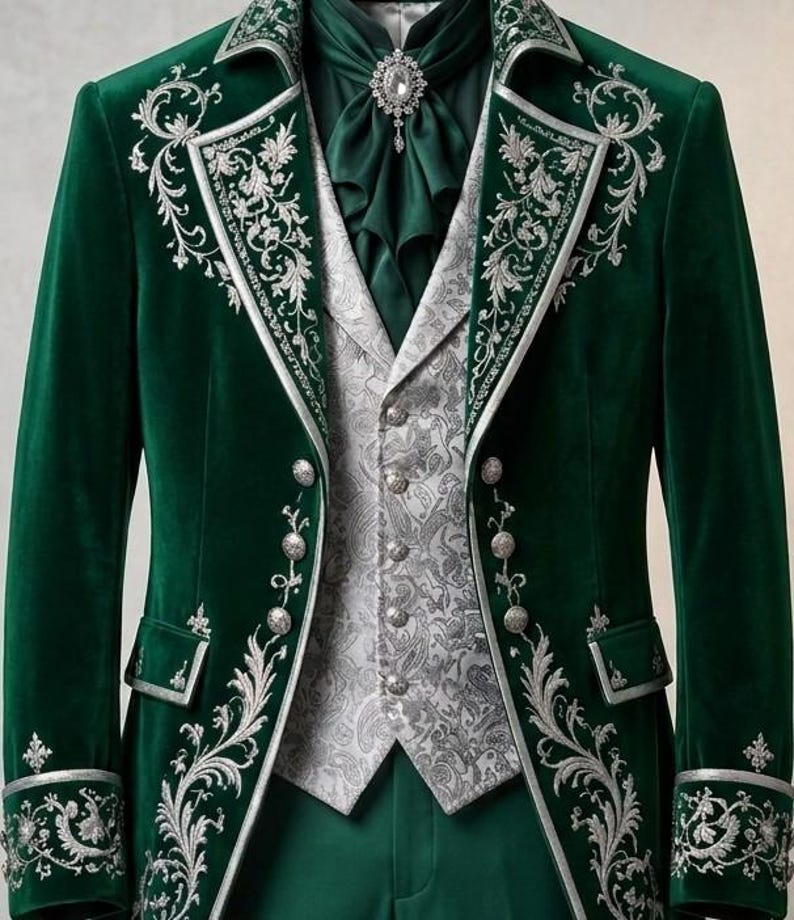 Puede incluir: Una chaqueta de terciopelo verde oscuro con bordados florales plateados en las solapas y pu&ntilde;os, combinada con un chaleco gris claro con estampado de cachemira, un corbat&oacute;n verde oscuro y un broche central plateado con piedra.