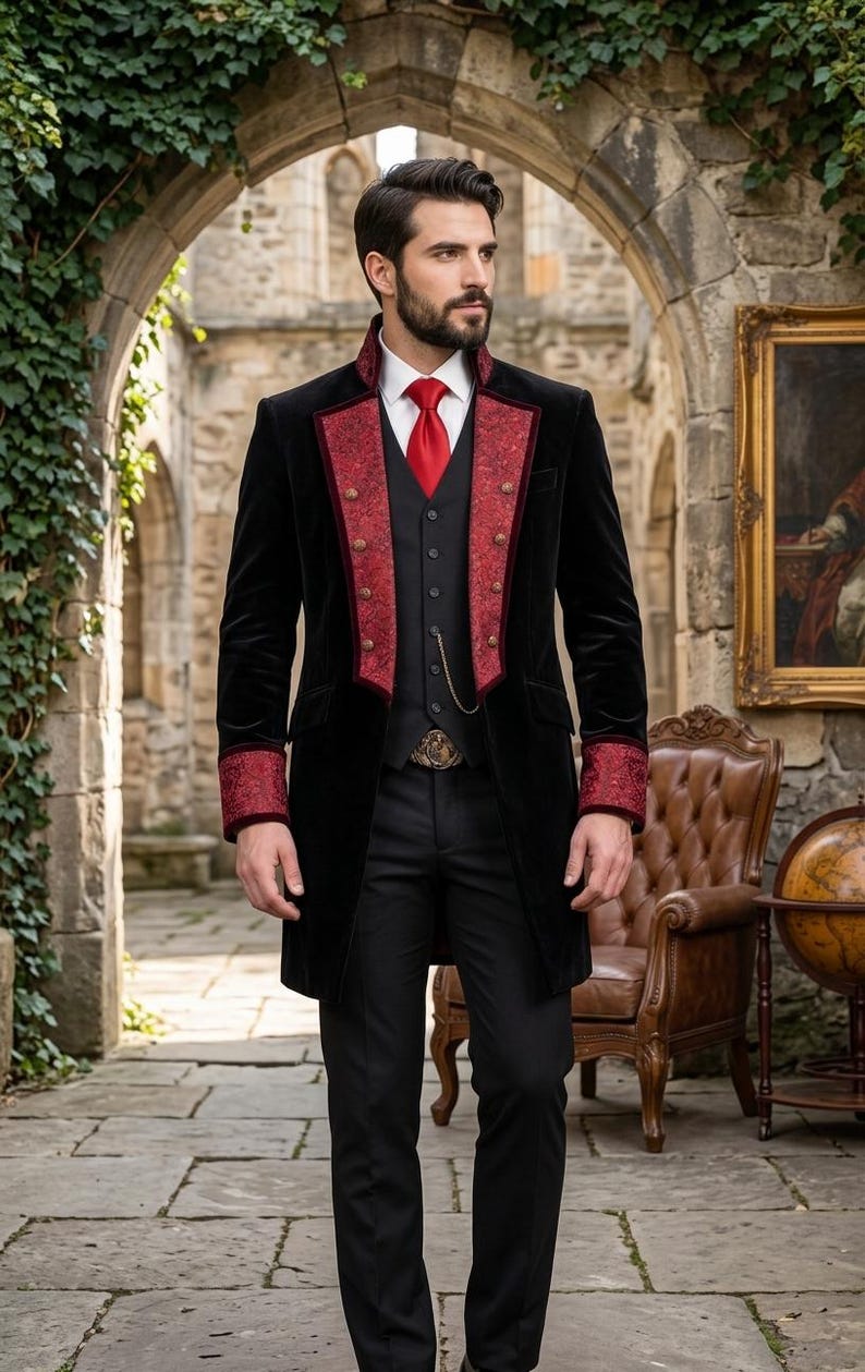 Puede incluir: Una levita de terciopelo negro con solapas y pu&ntilde;os de patr&oacute;n rojo con botones dorados, sobre un chaleco negro, camisa blanca de cuello y corbata roja. El conjunto incluye pantalones negros y una cadena de reloj de bolsillo dorada en el chaleco.