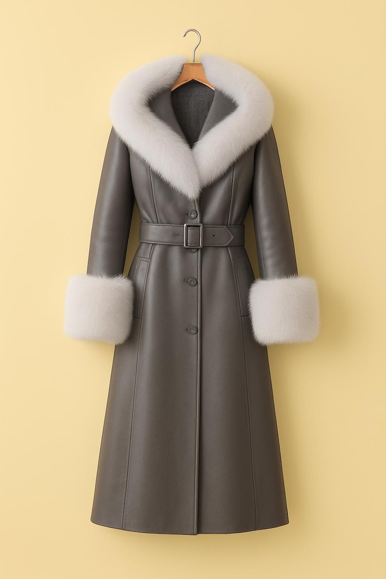 May include: A grey leather coat with a white fur collar and cuffs. The long coat features a belt at the waist and button closures down the front. The coat is hanging on a wooden hanger against a yellow background.