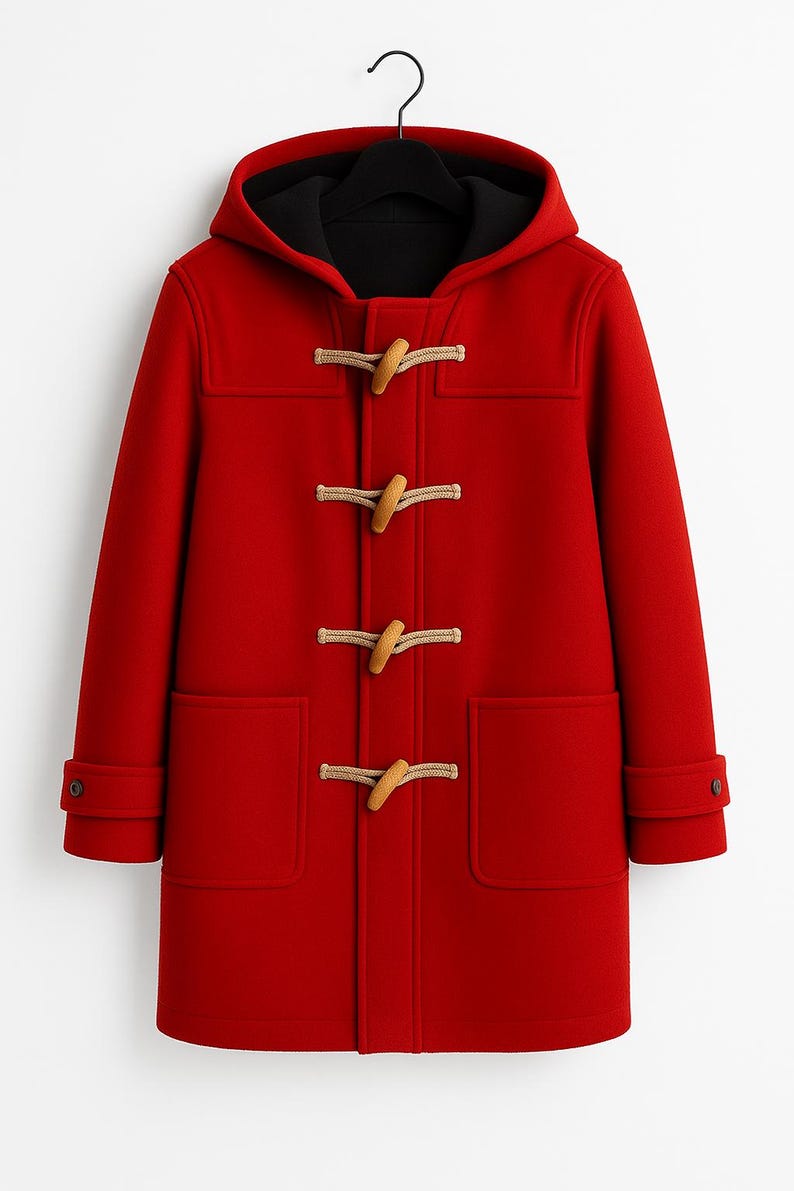 May include: A bright red duffle coat featuring a hood, long sleeves with buttoned cuffs, and two large front patch pockets. The coat closes with four light tan wooden toggles attached to thick rope loops, and it has a black interior lining.