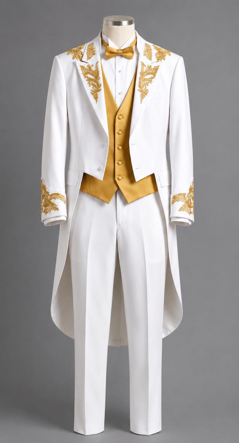 May include: A white tailcoat suit featuring gold embroidery on the lapels and cuffs, paired with a mustard yellow vest, a matching mustard yellow bow tie, and a white button-down shirt with a pleated front, all displayed on a mannequin.