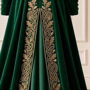 May include: A floor-length dark green velvet coat featuring intricate gold embroidery along the back panels. The embroidery displays a detailed pattern of oak leaves, acorns, and interwoven Celtic-style knotwork, extending from the waist down.