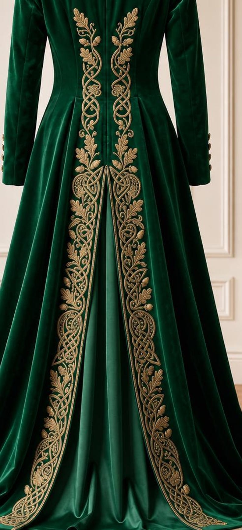 May include: A floor-length dark green velvet coat featuring intricate gold embroidery along the back panels. The embroidery displays a detailed pattern of oak leaves, acorns, and interwoven Celtic-style knotwork, extending from the waist down.
