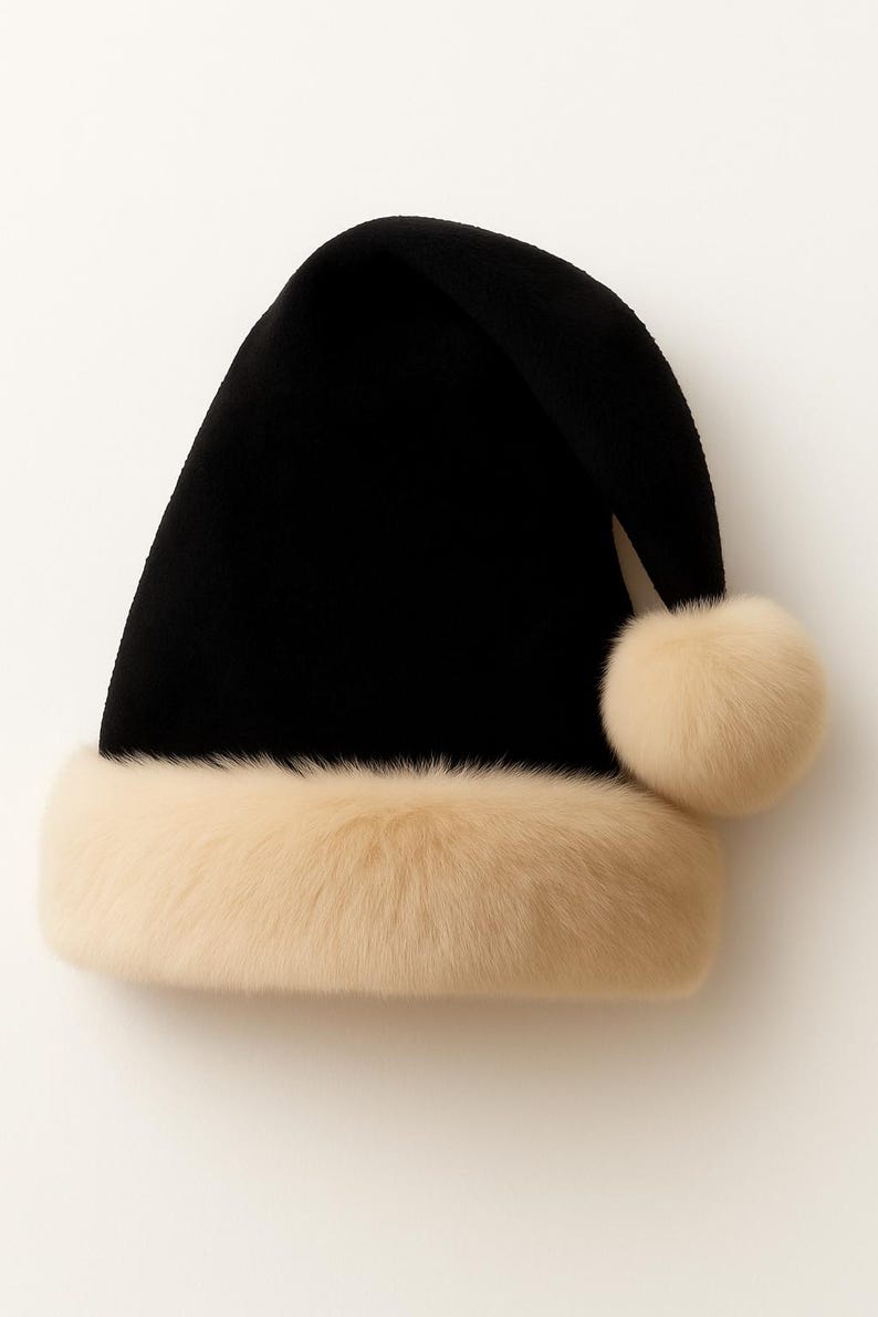 K&ouml;nnte beinhalten: Eine schwarze M&uuml;tze in konischer Form mit einem breiten, flauschigen Besatz aus cremefarbenem Kunstfell am unteren Rand und einem passenden cremefarbenen Kunstfell-Bommel an der Seite, was eine klassische, festlich inspirierte Silhouette ergibt.