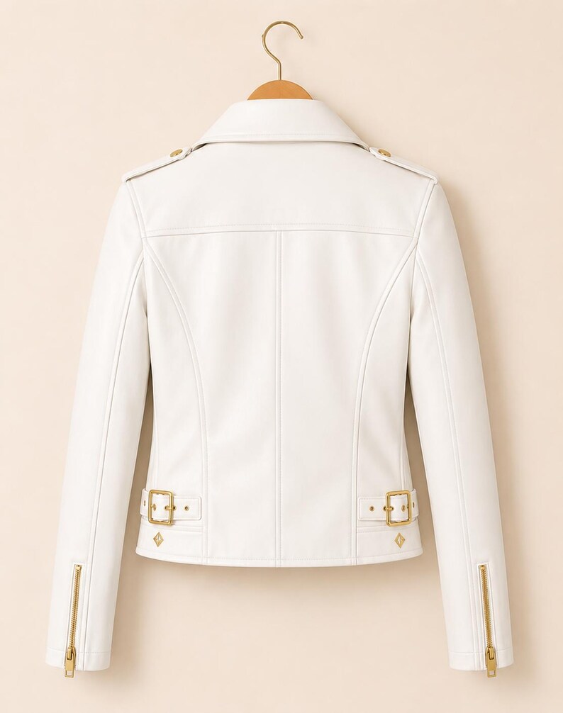 May include: A white faux leather jacket with gold-coloured hardware, including zips on the sleeves and decorative buckles at the waist. The jacket is hanging on a wooden hanger, showing its back with detailed stitching.