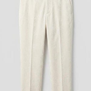 May include: Off-white trousers featuring a straight-leg cut, a structured waistband with belt loops, a front zipper fly with a button closure, and side pockets. The fabric has a subtle, soft-touch texture and a clean, tailored appearance.