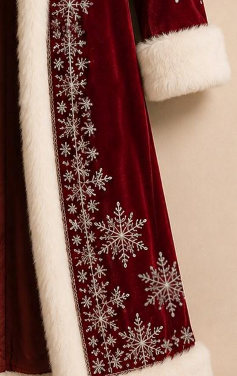 May include: A deep red velvet coat featuring a long white faux fur trim along the front opening and sleeve cuffs. The front panel is decorated with intricate silver embroidered snowflake patterns of varying sizes arranged vertically.