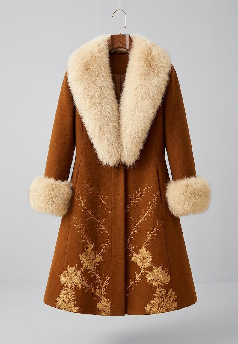 May include: A long, brown coat featuring a wide, cream-colored faux fur collar and matching faux fur cuffs on the sleeves. The lower portion of the coat is decorated with intricate, gold-toned embroidered botanical patterns of leaves and stems.