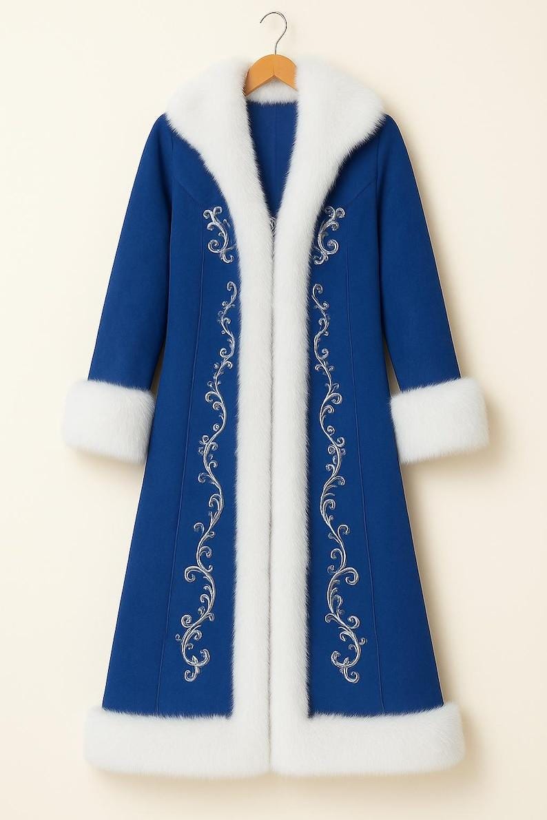 Pu&ograve; includere: Un lungo cappotto blu reale caratterizzato da un folto bordo in pelliccia sintetica bianca lungo l'apertura frontale, il colletto, i polsini e l'orlo. Il cappotto &egrave; decorato con intricati ricami argentati a motivo di volute sui pannelli anteriori.