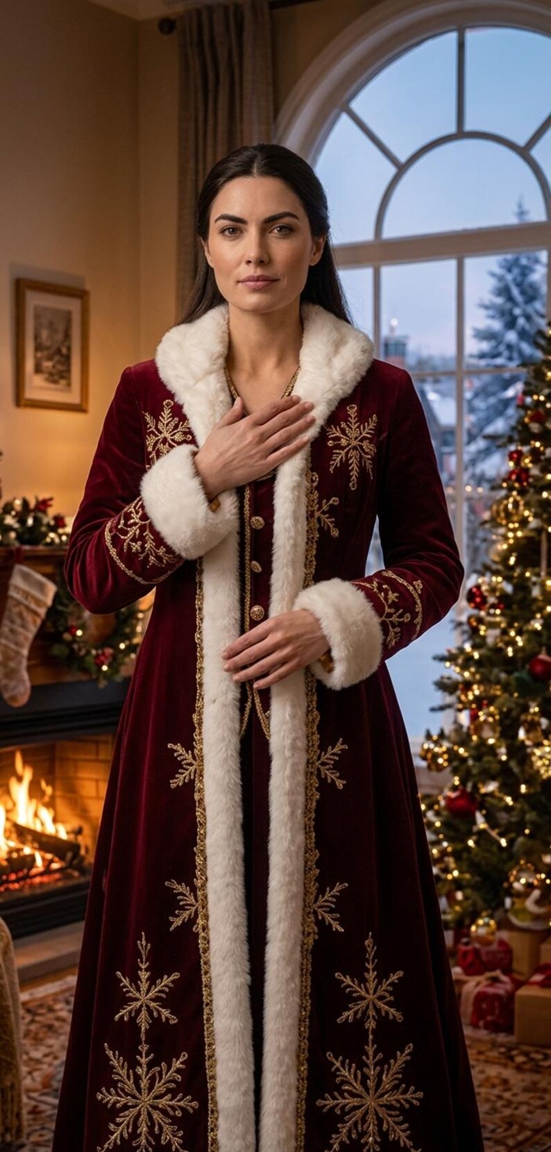 Pu&ograve; includere: Un lungo cappotto in velluto rosso scuro con colletto e polsini in pelliccia sintetica bianca. Il cappotto &egrave; decorato con motivi a fiocco di neve ricamati in filo dorato sui pannelli frontali e sulle maniche, con una fila di bottoni dorati.