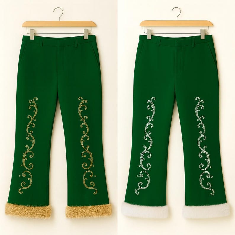 May include: Two pairs of dark green trousers hanging on wooden hangers. Each pair features vertical gold or silver filigree embroidery on the front legs and a thick, textured faux fur trim along the bottom hem of the pant legs.