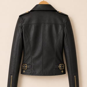 May include: Black leather jacket with a classic biker style. Features include a notched collar, shoulder epaulets with gold buttons, and zippered sleeves. The jacket has gold hardware, including a belt buckle at the waist. The jacket is hanging on a wooden hanger.