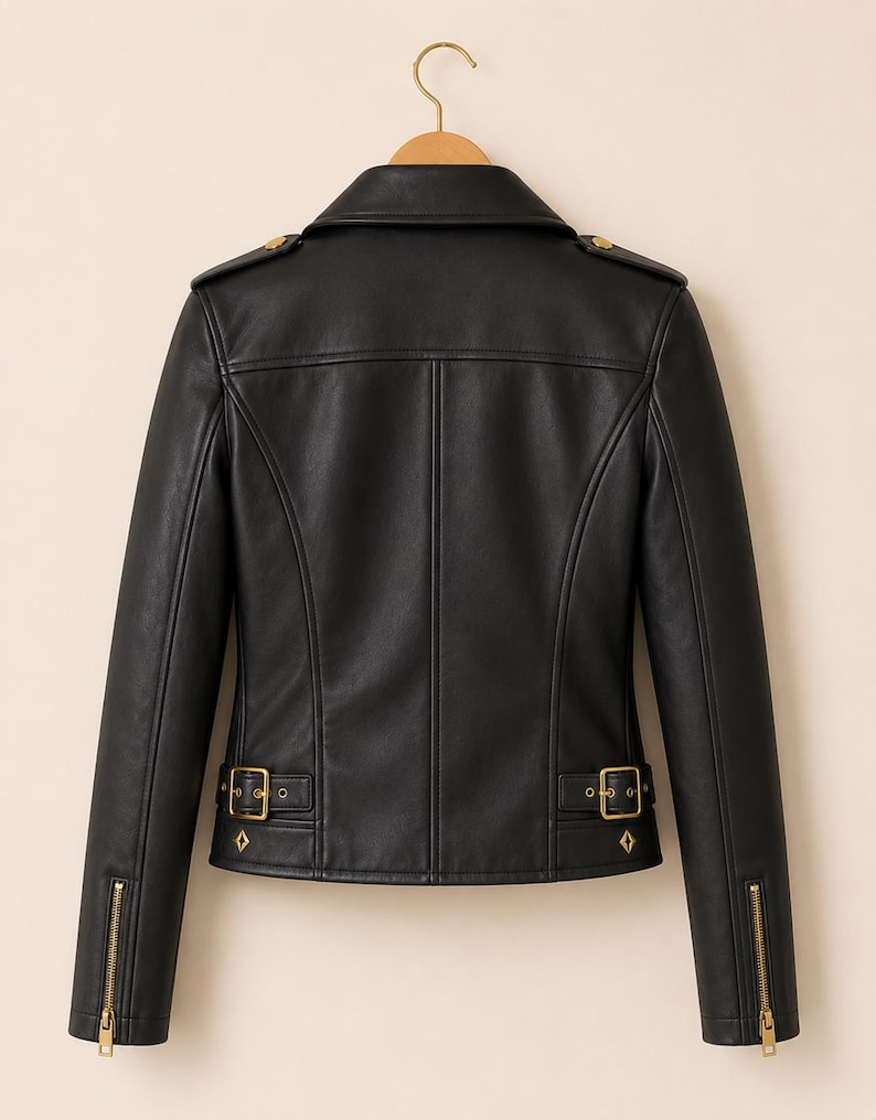 May include: Black leather jacket with a classic biker style. Features include a notched collar, shoulder epaulets with gold buttons, and zippered sleeves. The jacket has gold hardware, including a belt buckle at the waist. The jacket is hanging on a wooden hanger.