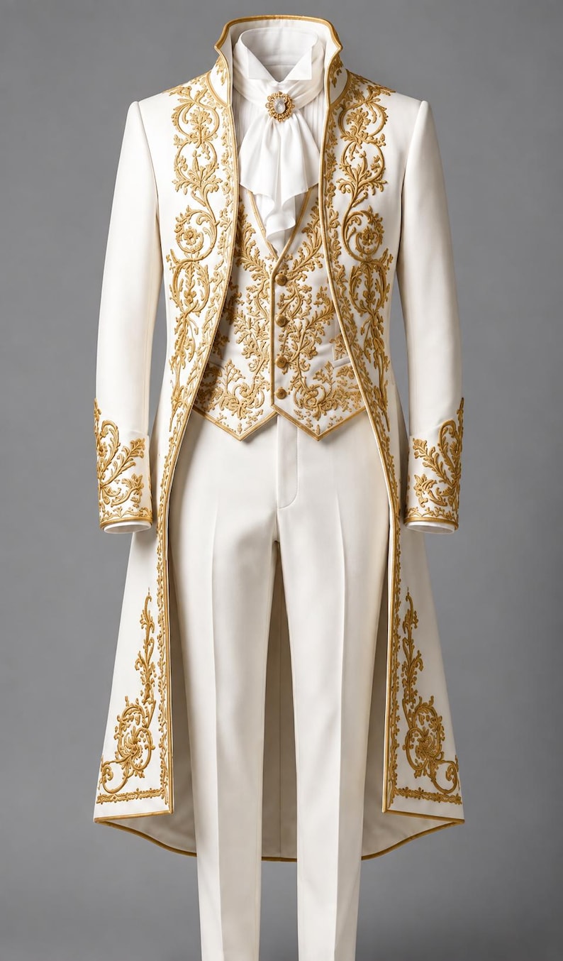 May include: A white tailcoat suit featuring intricate gold embroidery along the lapels, cuffs, and hem. The ensemble includes a matching white waistcoat with gold buttons, white trousers, and a white cravat with a central decorative pin.