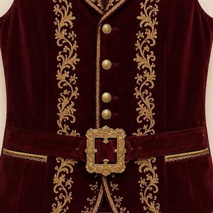 May include: A deep burgundy velvet vest featuring intricate gold embroidery along the front panels and lapels. The garment includes four round gold buttons and a wide matching velvet belt secured with a large, ornate, rectangular gold buckle.