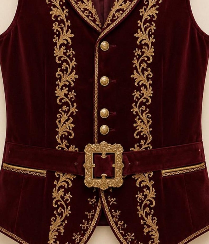 May include: A deep burgundy velvet vest featuring intricate gold embroidery along the front panels and lapels. The garment includes four round gold buttons and a wide matching velvet belt secured with a large, ornate, rectangular gold buckle.