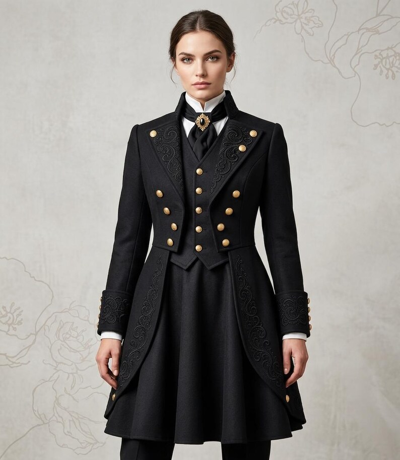 May include: A black coat and waistcoat ensemble featuring gold buttons, detailed embroidery on the lapels and cuffs, and a high collar with a black cravat secured by a central dark stone brooch. The garment includes a flared skirt section and long sleeves.