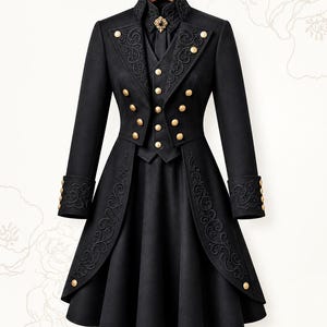 May include: A black coat with a high collar, long sleeves, and a flared skirt. The garment features intricate black embroidery on the lapels, cuffs, and skirt panels, accented by numerous round gold buttons and a central gold-toned brooch.