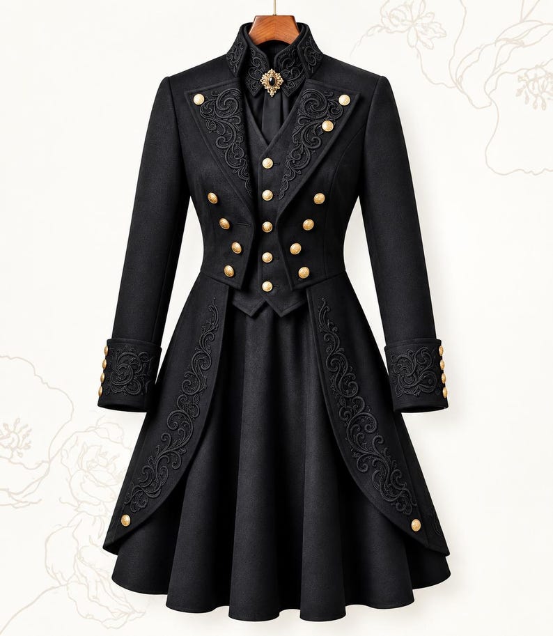 May include: A black coat with a high collar, long sleeves, and a flared skirt. The garment features intricate black embroidery on the lapels, cuffs, and skirt panels, accented by numerous round gold buttons and a central gold-toned brooch.