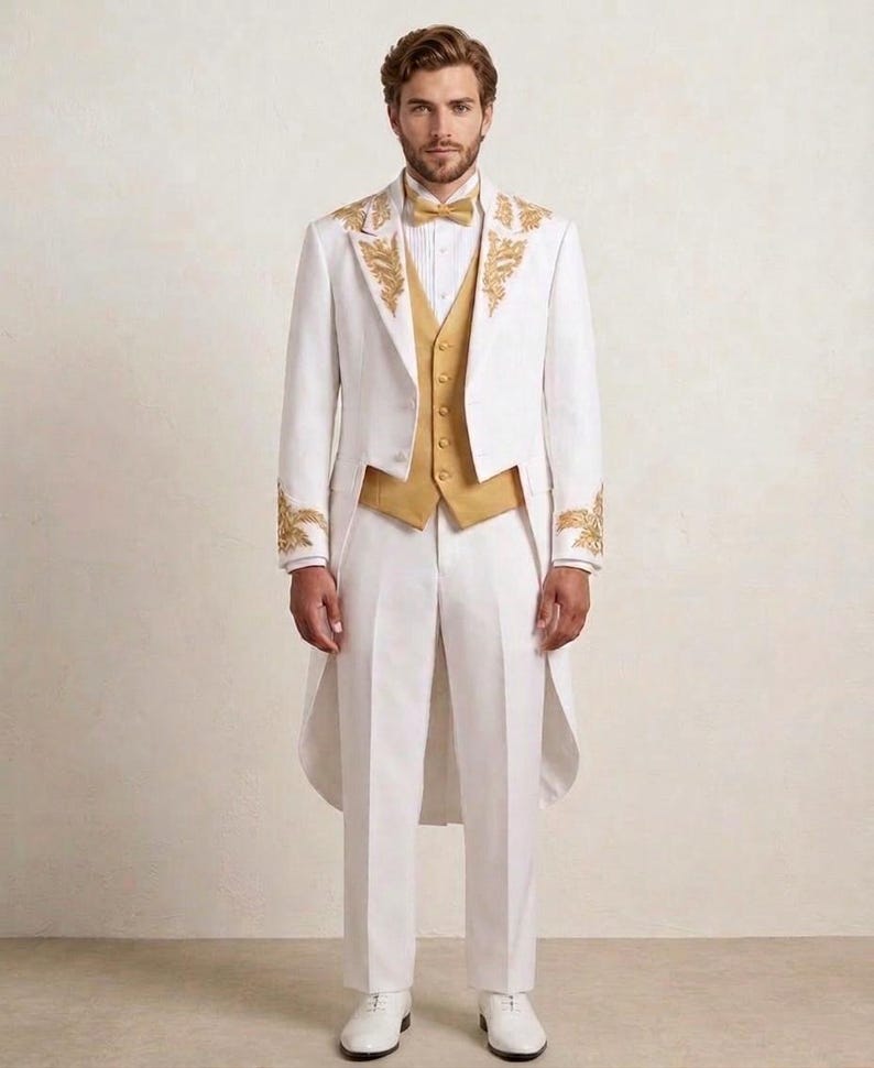 May include: A white tailcoat suit featuring gold embroidery on the lapels and cuffs, paired with a gold vest, a white pleated shirt, a gold bow tie, and white dress shoes. The ensemble includes matching white trousers with a clean, tailored finish.