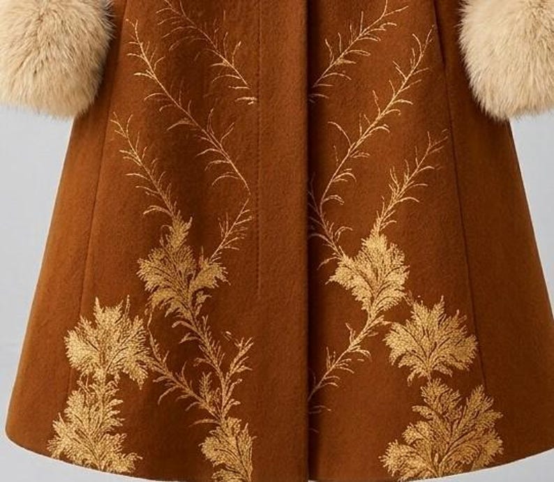May include: A brown coat featuring a gold-colored botanical pattern of fern-like leaves extending upward from the hem. The garment includes long sleeves finished with thick, fluffy beige faux fur cuffs at the ends of the sleeves.