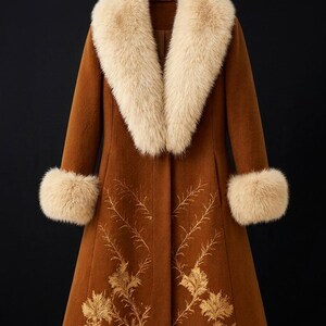 May include: A long, brown coat featuring a large, cream-colored faux fur collar and matching faux fur cuffs on the sleeves. The lower portion of the coat is decorated with intricate, gold-colored embroidery depicting delicate, leafy plant stems.
